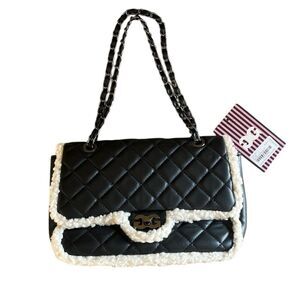 Gilda Paris quilted faux fur Sherpa trim black color vegan leather shoulder bag